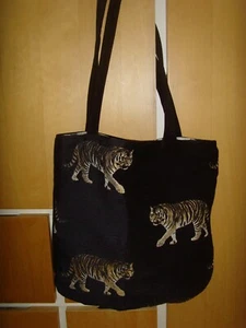 C BLACK GOLD TIGER CHENILLE FABRIC 16" SHOPPER SHOULDER Tote BAG - Picture 1 of 3