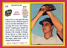 1961 Peters Meats Art Card # 6 Jack Kralick -- Minnesota Twins