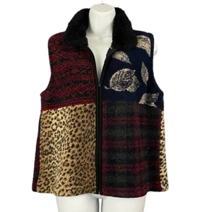 VTG Faux Fur Collar Vest Sweater MEDIUM Multi Pattern Full Zip Tally Ho Women's - Picture 1 of 9