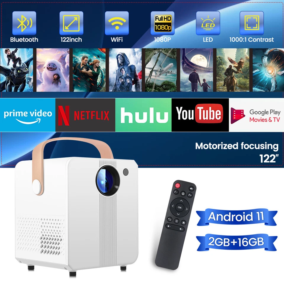 4K 1280P Mini Projector Electric Focus LED WiFi Bluetooth Portable Home Theater - Image 1 of 4