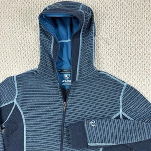 Kuhl Hoodie Womens L Blue Striped Chianti Fleece Wool Blend Full Zip Jacket Hike - Picture 1 of 14