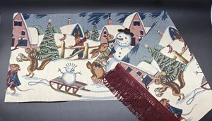 Arazzo vintage invernale pupazzo di neve e amici runner da tavolo alberi di Natale frangia 70" - Foto 1 di 7