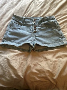 Women’s Love Fire High Waisted Button Fly Denim Shorts Size 9 - Picture 1 of 6