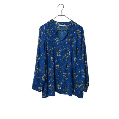 Camisa popover manga longa Joan River 24W 2X plus floral azul amarelo pin tuck - Imagem 1 de 4