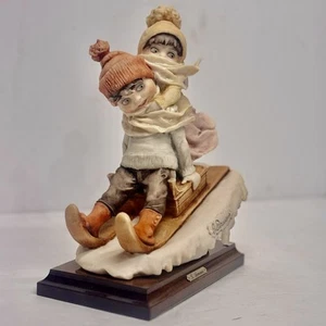 Vtg 80’s Italian Giuseppe Armani "Winter Fun" Boy & Girl Sledding Figurine 1982 - Picture 1 of 10