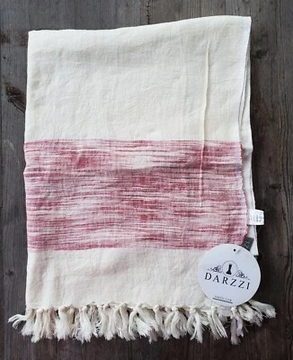 Darzzi 100% Linen Throw - White with Raspberry Red Stripes – NEW - Image 1 of 4
