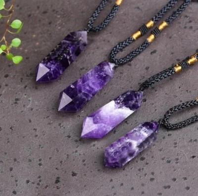 Natural Amethyst Crystal Hexagonal Point Pendant Healing Reiki Amulet Necklace - Image 1 of 4
