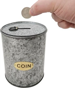 Galvanized Coin Can with Coin Slot and Removable Lid, Silver Farmhouse Piggybank - Picture 1 of 8