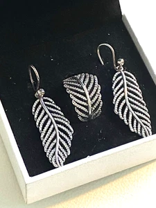 Vintage PANDORA Compose FEATHER Earrings Sterling Silver CZ ALE + Ring Sz 7 - Picture 1 of 7