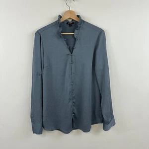 EXPRESS PORTOFINO Ruffled Neck Blouse Grey Satin Sz Large Roll Tab Sleeve Office - Picture 1 of 11