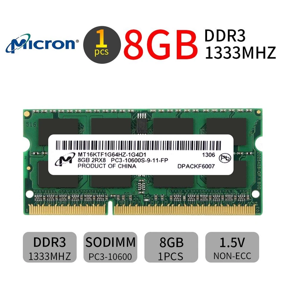 Micron 8GB 4GB 2GB 2Rx8 PC3-10600S DDR3 1333MHz 204Pin SODIMM Laptop Memory UK - Image 1 of 4