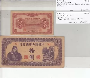 China 5 Fen &10 Yuan Note Federal Reserve Bank of China 1939/1945 - Picture 1 of 2