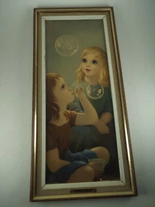 Vintage Litho Kunstdruck Blowing Bubbles Miki 1962 2 Mädchen große Augen gerahmt - Bild 1 von 10