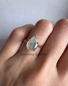 Pear Shape Moss Agate Engagement Ring Solitaire Ring Anniversary Gift For Women - Picture 1 of 14