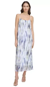 Womens DKNY White & Blue Printed Chiffon overlay Maxi Dress Size L Large NWT - Picture 1 of 5
