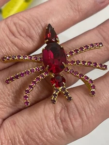 Wunderschöne rote Strass Spinne Brosche mit goldenem Metallsockel 3 große Edelsteine + kleine - Bild 1 von 5
