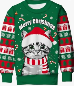 NEW Cutemile Unisex Kids Fleece Cat Faux Ugly Christmas Sweater Size Large - Picture 1 of 1