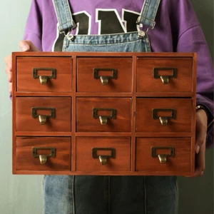 Rustic Wooden 9 Drawer Cupboard Drawers Shelf Desktop Small Cabinet Storage Box - Picture 1 of 26