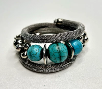 Mesh & Howlite Wrap Bracelet Silver and Turquoise - Image 1 of 4