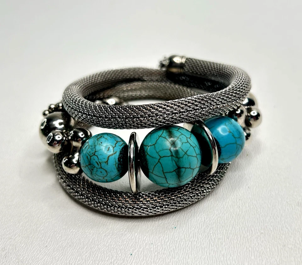 Mesh & Howlite Wrap Bracelet Silver and Turquoise - Image 1 of 4