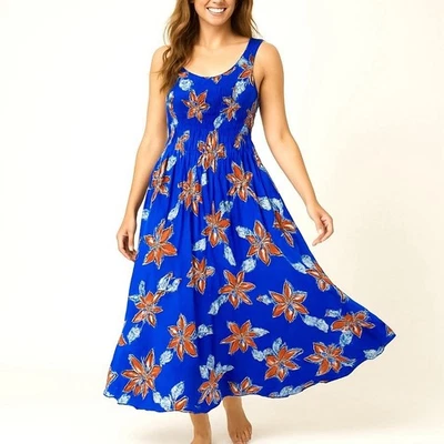 Vtg Hilo Hattie Hawaiian Dress One Size Maxi Smocked Blue Floral Luau Sleeveless - Image 1 of 4
