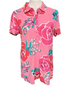 Lilly Pulitzer Trophy Polo Top Hotty Pink Just Love cotton Shirt Sz L NWOT - Picture 1 of 7