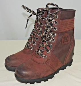 Sorel Boots Womens 10 Burgundy Red Hidden Wedge Heel Lace NL 3046-908 Size 8 US - Picture 1 of 10