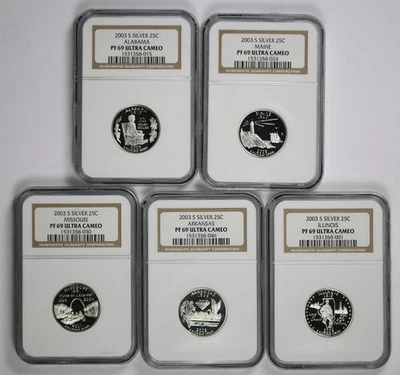 5pc 2003-S Silver State Quarter IL AL ME MO AR 25C NGC PF69UCAM (5 coins) - Image 1 of 2