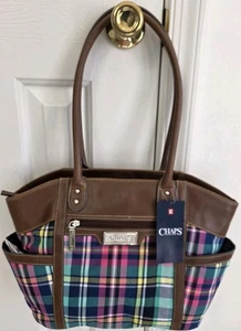 Chaps Vibrant Plaid Ryder Midsize Shoulder Tote Bag Pink Blue Teal Brown New - Picture 1 of 13