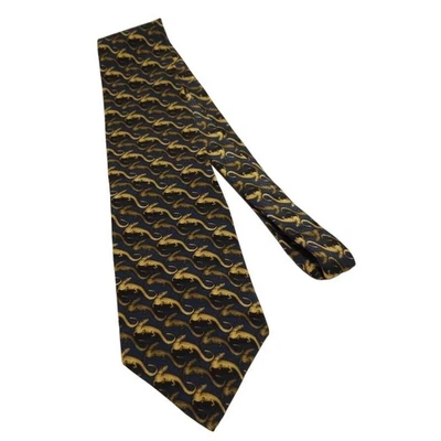 NATURA Leaping Lizards 100% Silk Necktie Navy Blue Gold Men's Formal Made in USA - Image 1 of 3