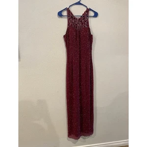 SCALA Womens Burgundy Beaded Embellished Halter Dress Formal Evening Gown Size L - Picture 1 of 5