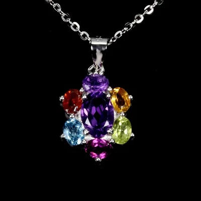 925 Sterlingsilber Halskette Oval Amethyst 7x5mm Citrin Topas Natur Edelstein - Bild 1 von 4