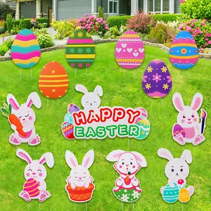 13 PCS Easter Yard Signs Outdoor Decorations Easter Eggs Bunny Yard Signs with S - Picture 1 of 12