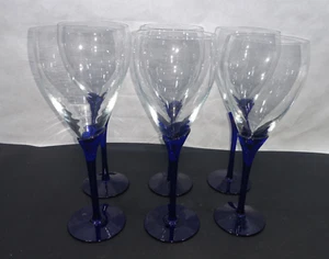 Colony Amaryllis Cobalt Blue Stem Hand Blown Wine Drinking Glasses Set of 6 - Picture 1 of 8