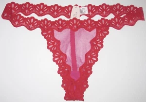 NWT VICTORIA'S SECRET L RED PINK MESH LACE VINTAGE RARE V STRING THONG PANTIES - Picture 1 of 5