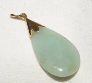 Vintage Chinese 14k Yellow Gold set Green jadeite Jade Drop Pendant (InS)L6 - Picture 1 of 10