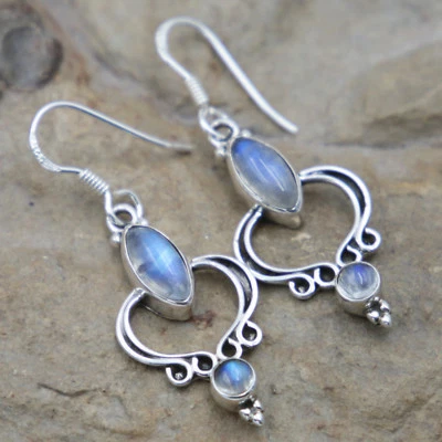 Pietra di Luna Orecchini Pendenti Argento Sterling 925 Orecchini Donna Adr - Immagine 1 di 4