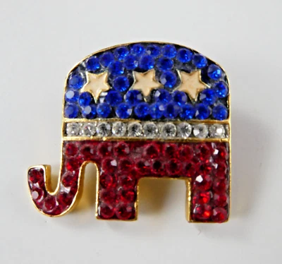 Broche de broche de elefante de strass partido republicano estrelas patrióticas vermelho branco azul - Imagem 1 de 4