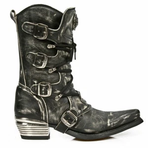 New Rock M.7993-S3 Boots Men's Leather Boots Vintage Black Dallas Leather  - Picture 1 of 9