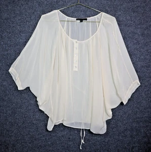 Lafayette 148 Shirt Women M/L Beige Cream Silk 1/4 Button Batwing Sheer Top EUC - Picture 1 of 6