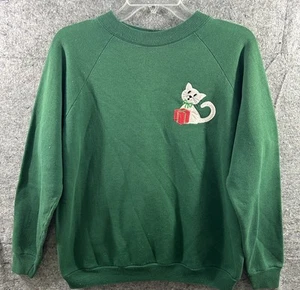 Vintage Hanes M grün Sweatshirt Katze hält Weihnachtsgeschenk 90er Urlaub süß - Bild 1 von 5
