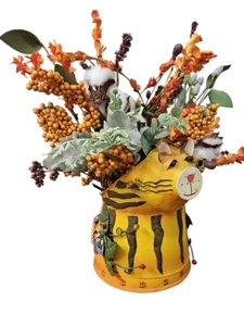 Metal Cat Watering Can Floral Arrangement Hand Painted W/ Embellishments - Picture 1 of 6