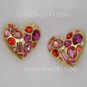 Clip On Earrings Purple PInk CZ HUGE Heart For Women gift love - Picture 1 of 10