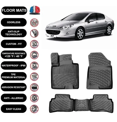 Alfombrillas forro para Peugeot 407 (2003-2010) impermeables moldeadas 4D negras 4 un. Foto 1 de 3