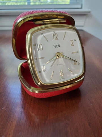 Vintage Germany Elgin Travel Alarm Clock Red Leather Hard Case and Works! Cover