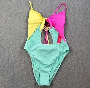 Xhilaration One Piece Swimsuit Juniors XL(12-14) Ribbed Retro Cutout Colorblock - Picture 1 of 9