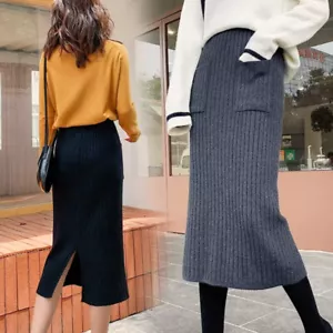 Lady Midi Knitted Skirt High Elastic Waist Slit Slim Half Dress Slim Office Chic - Picture 1 of 13