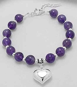 Pulsera de cuentas de amatista y corazón de ley 925 y cuentas de plata con caja de regalo nueva con etiqueta - Imagen 1 de 3