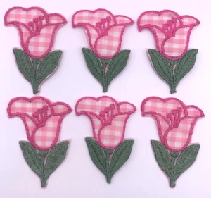 Vtg NOS Applique Tulip Flower Gingham Pink 2.5" x 2" Lot of 6 Embroidered Retro - Picture 1 of 4