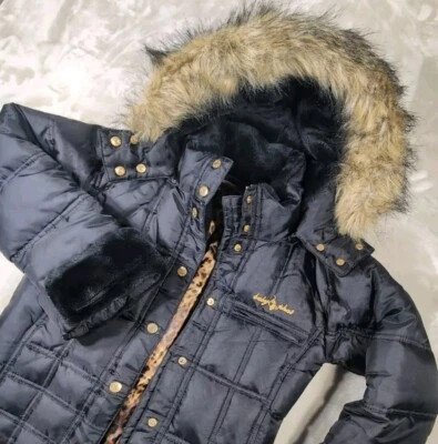 Baby Phat Y2K Black Lined Puffer Goose Down Trenchcoat Parka S Faux Fur Hood VTG - Image 1 of 4